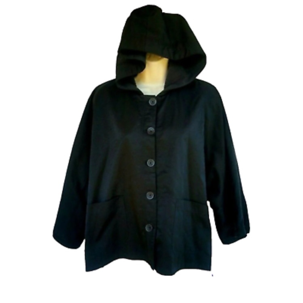 Eileen Fisher black Jacket w/ hood, 3/4 sleeves-Size Petite 2- Great condition